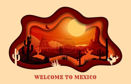 Téléchargez les illustrations : Papier désert mexicain paysage coupé avec fond vectoriel de cactus de bande dessinée, montagnes et terres sablonneuses, soleil et oiseaux dans le ciel du coucher du soleil. Bienvenue à la bannière Mexique en 3d cadre de coupe de papier avec des frontières ondulées - en licence libre de droit