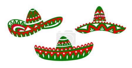 Illustration for Mexican sombrero hats with Latin ethnic ornament for holiday fiesta, vector icons. Mexican culture, tradition and art symbols of sombrero hats for Latin fiesta party carnival or holiday festival - Royalty Free Image