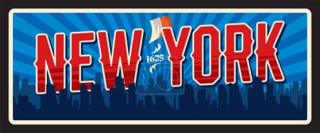 Illustration for New York USA american city retro travel plate, tourist sticker. United States of America city tin sign, vector plate with metropolis cityscape, skyscrapers silhouettes, tin sign - Royalty Free Image