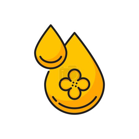Illustration for Rapeseed, canola oil drop icon. Isolated vector linear sign of golden dew with flower, showcasing its healthy, versatile, and liquid form. Thin line symbol for natural agricultural or beauty products - Royalty Free Image