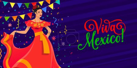Illustration for Viva Mexico banner with dancing woman and holiday confetti. Vector greeting card for fiesta celebration with lively flamenco dance, honoring Mexican culture with joyous rhythms and the spirit of unity - Royalty Free Image