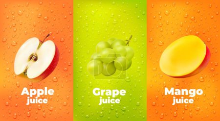 Illustration for Water drops juice background with apple, grape and mango fruits, vector product package. Realistic cut half apple, tropical mango and juicy grapes with water drops splash background for juice or food - Royalty Free Image