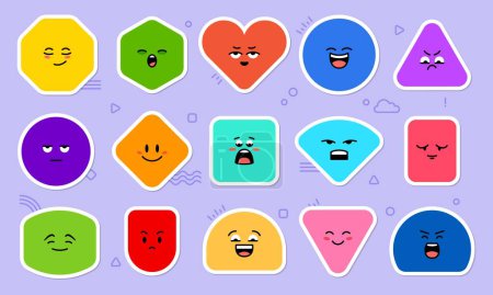 Illustration for Geometric math shape stickers of geometry figure shape characters with cartoon faces, vector emoji emoticons. Funny square, circle or rhombus and triangle geometric math shapes for kids education - Royalty Free Image