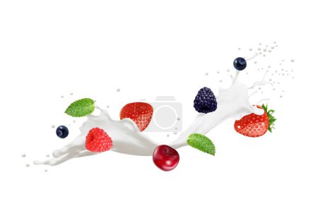 Illustration for Milk, yogurt, dessert drink or cream flow splash with berries. Isolated realistic 3d vector dairy product, white liquid stream, fresh cocktail with strawberry, blackberry, raspberry, cherry, blueberry - Royalty Free Image