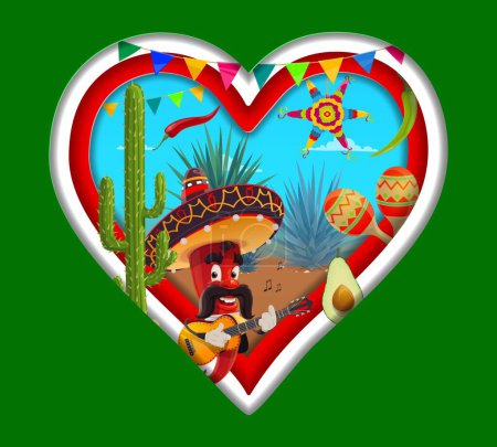 Ilustración de Forma de corazón con colores de bandera mexicana, pancarta vectorial de corte de papel con chile, piñata, cactus y maracas. Día de la Independencia de México, fiesta festiva con chile mariachi en sombrero con guitarra - Imagen libre de derechos