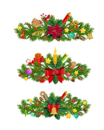 Téléchargez les illustrations : Branches de sapin de Noël, vecteur isolé aiguilles de pin à feuilles persistantes disposées en pile décorées de bougies de Noël, boules, rubans, poinsettia, neige, bonbons et cadeaux. Branches festives décoratives - en licence libre de droit