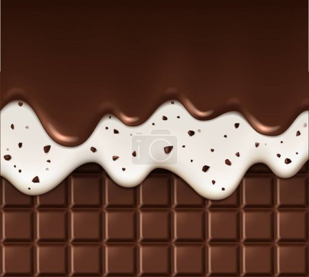 Realistic chocolate chip and melting drips on chocolate bar background, realistic vector. Chocolate bar with splash in choco wave twist swirl, whirl or drops splatter of milk cocoa or stracciatella