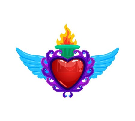Ilustración de Corazón sagrado mexicano con alas y fuego ardiente, tatuaje vectorial o símbolo religioso. Sagrado Corazón o Corazon Milagro, signo de la religión católica mexicana con antorcha de llama para el amor de Jesús y el milagro divino - Imagen libre de derechos