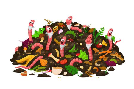 Ilustración de Dibujos animados gusanos tierra comer compost, personajes divertidos lombriz de tierra en los residuos orgánicos, fondo vectorial. Cartel de vermicompostaje con lombrices de tierra en humus del suelo comiendo basura bio compostable de restos de comida - Imagen libre de derechos