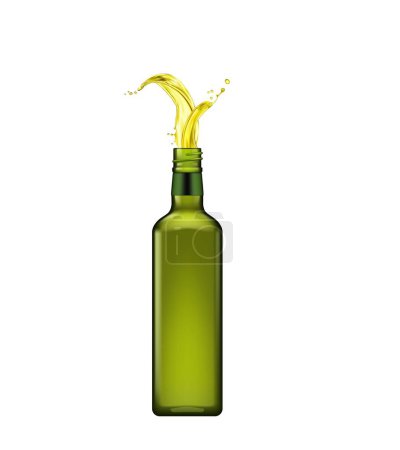 Ilustración de Botella de aceite de oliva con salpicadura. Vierta el aceite de oliva captura esencia de frescura y sabor. Frasco de vidrio realista aislado que seduce los sentidos y la inspiración culinaria con su presentación vibrante y dinámica - Imagen libre de derechos