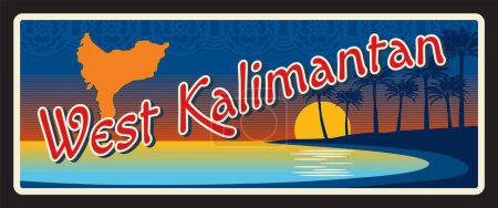 Téléchargez les illustrations : West Kalimantan plaque de voyage rétro de l'Indonésie, plaque touristique avec coucher de soleil et paysage marin. Indonésie région rétro étain signe, indonésien province vecteur autocollant avec plage paysage - en licence libre de droit