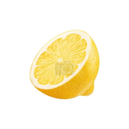 Illustration for Realistic ripe yellow lemon citrus fruit half. Isolated 3d vector halved fruit bursting with zesty freshness, reveals its vibrant hue and juicy pulp, ready to add a tangy twist to any dish or drink - Royalty Free Image