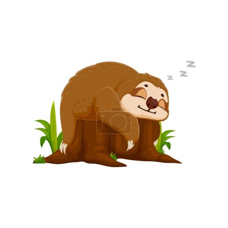 Cartoon funny sloth character peacefully sleep on a tree stump. Vector cute tropical animal lounges or dozing with relaxed expression captures tranquility, its eyes closed and a content smile on face