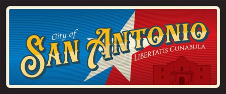 Ilustración de Pegatina de San Antonio, placa de viaje de Estados Unidos. Banner de EE.UU., placa de estaño vintage vector con símbolo de estrella de la bandera. Tarjeta postal o tarjeta de recuerdo, lema de Libertatis Cunabula - Imagen libre de derechos