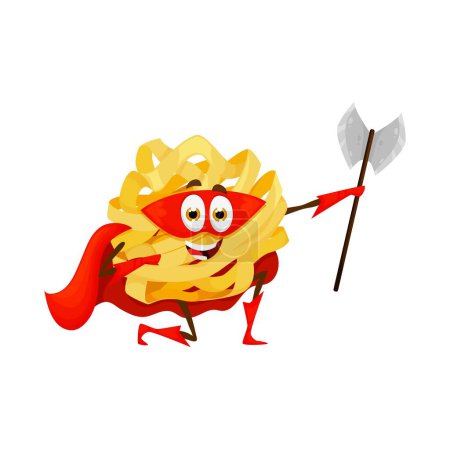 Illustration for Cartoon pasta superhero, fettuccine character in super hero costume, vector guardian knight. Funny Italian pasta fettuccine in superhero power cape and red mask with knight axe, kids food character - Royalty Free Image