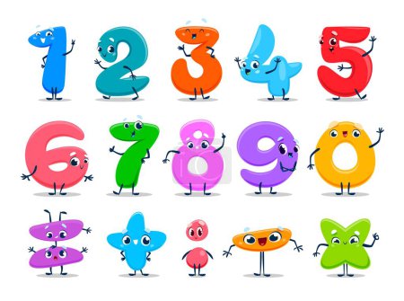 Ilustración de Dibujos animados números divertidos lindo personajes. Personajes de matemáticas vectoriales con sonrisas felices, matemáticas y educación escolar. Infantil fuente de color de dígitos aritméticos, más, menos, veces, división y signos iguales - Imagen libre de derechos