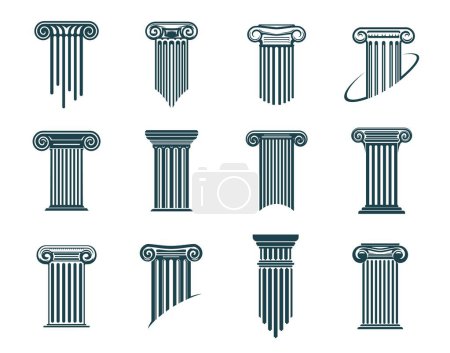 Illustration for Ancient Greek columns and pillars icons, legal attorney and law office, vector symbols. Column pillar signs for lawyer notary, justice court and legislation firm or notarial and judicial education - Royalty Free Image