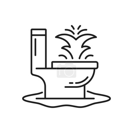 Téléchargez les illustrations : Icône de service de plomberie. Maison salle de bain réparation, réparation des eaux usées ou nettoyage des tuyaux icône vectorielle linéaire. Service de plomberie ligne mince symbole ou signe avec inondation dans les toilettes en raison de toilettes obstruées - en licence libre de droit