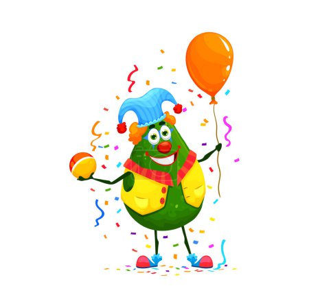 Ilustración de Dibujos animados divertido personaje de aguacate vegetal en el cumpleaños, fiesta de aniversario. Celebración navideña, fiesta de cumpleaños o aniversario felicitando al alegre personaje del vector vegetal en traje de payaso - Imagen libre de derechos