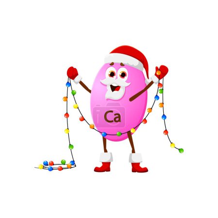 Illustration for Cartoon Calcium mineral pill with Christmas lights for winter holiday, vector character. Funny Zinc micronutrient in Santa hat with New Year decoration garland for Christmas emoji and greetings - Royalty Free Image