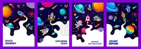 Illustration for Space posters and flyers, cartoon astronauts, aliens, galaxy landscape, ufo, spaceship and space stars, vector background. Kid spaceman in galaxy world with aliens and rockets in galactic sky planets - Royalty Free Image