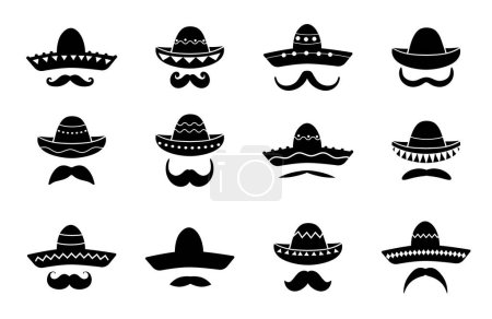 Illustration for Mexican mariachi sombrero hat icons and mustaches. Hispanic culture fiesta party costume, Mexico amigo men sombrero or Mexican mariachi musician hat vector symbol with ethic ornaments, curly mustache - Royalty Free Image