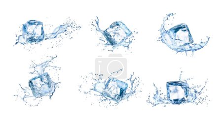 Illustration for Ice cubes with water splash and drops. Isolated realistic 3d vector crystal blocks, transparent pieces on white background. Drink with clean, square blocks, frozen water, alcohol or cocktail set - Royalty Free Image