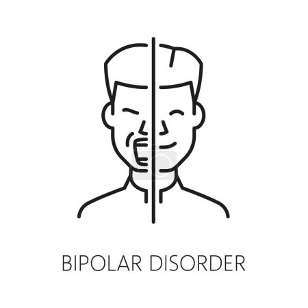 Ilustración de Trastorno bipolar trastorno psicológico problema, salud mental. Psicoterapia, trastorno cognitivo o símbolo de vector de línea de salud mental. Signo de problema de psicología o pictograma con mitades de la cara del hombre - Imagen libre de derechos