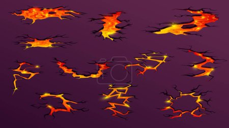 Illustration for Volcano lava or magma fire on ground cracks, vector cartoon game effect or background. Red yellow volcano magma burn or volcanic eruption hole cracks in ground of molten stone rocks in flame - Royalty Free Image