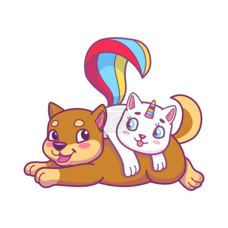 Illustration for Cartoon cute caticorn playing with dog, funny animals friends cartoon characters. Vector playful kitten with rainbow tail and puppy, fairytale kitty - Royalty Free Image