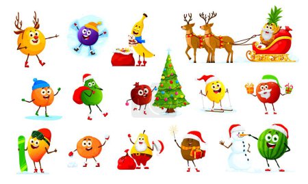 Ilustración de Navidad frutas personajes navideños. Lindo vector de alimentos de bayas personajes de dibujos animados piña Santa con árbol de Navidad, renos y trineo, naranja, manzana, plátano, melocotón y mango con regalos y muñeco de nieve - Imagen libre de derechos