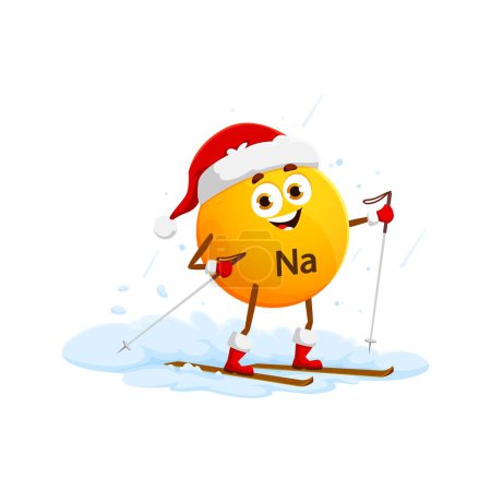 Illustration for Cartoon Sodium mineral character on ski for winter holiday in Santa hat, vector funny pill. Christmas and New Year happy healthy Sodium or Natrium micronutrient personage on winter sport skiing - Royalty Free Image