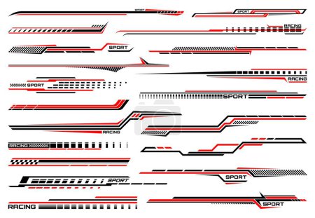 Illustration for Red race sport car stripe stickers, racing line decals for speed vehicles. Vector race car, auto, motorcycle, bike vinyl stickers and decals set with black red line and racing sport checkered pattern - Royalty Free Image