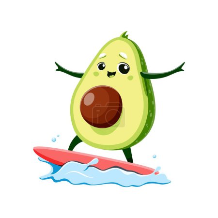 Illustration for Cartoon kawaii Mexican avocado character with surfboard on sea wave, vector kids personage. Funny cute avocado on summer holiday vacations surfing on ocean wave, cute emoji emoticon or kids mascot - Royalty Free Image