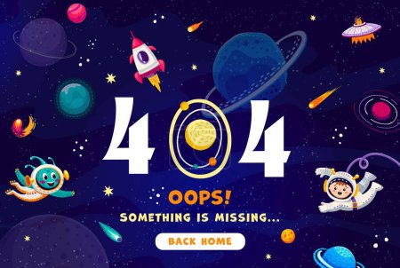 Ilustración de 404 página, paisaje espacial con astronautas, estrellas de galaxias y planetas, OVNI y alienígenas, error del sitio web vectorial. Error 404 o página web de Oops no encontrada con el botón de inicio posterior para la pantalla de mantenimiento del servicio - Imagen libre de derechos