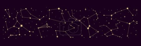 Téléchargez les illustrations : Frontière de constellation d'étoiles. nuit galaxie espace ciel carte, astrologie mystique. Fond vectoriel pour l'astronomie, ésotérique, tarot, et la magie. Carte montrant les positions des objets célestes visibles dans le ciel - en licence libre de droit