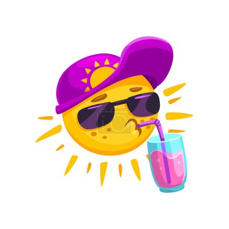 Téléchargez les illustrations : Dessin animé personnage de soleil d'été avec cocktail. Vacances d'été temps chaud et ensoleillé, station Voyage et loisirs vecteur mascotte. Personnage isolé drôle de soleil dans la casquette de baseball, boire une boisson rafraîchissante - en licence libre de droit