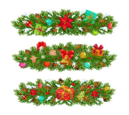 Illustration for Christmas fir branches, isolated vector evergreen pine tree needles arranged in pile decorated with Xmas candles, baubles, ribbons, poinsettia, snow, sweets and gifts. Decorative festive branches - Royalty Free Image