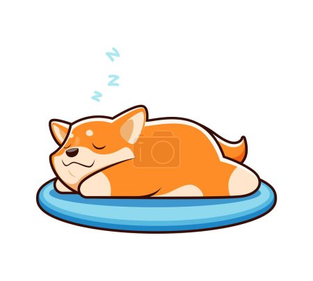 Ilustración de Dibujos animados Shiba Inu perro durmiendo en la cama, lindo personaje de mascota kawaii, vector animal divertido. Personaje de los niños de lindo perro cachorro Shiba Inu dormitando en la almohada, mascota del bebé o feliz emoticono perro emoji - Imagen libre de derechos