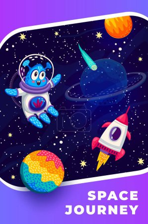 Illustration for Cartoon alien and rocket spaceship in starry galaxy space with planets and stars, vector poster. Space journey adventure and galaxy exploration background with alien martian spaceman in galactic space - Royalty Free Image