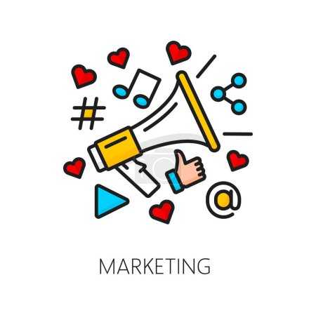 Illustration for Marketing icon, SEM or search engine marketing pictogram for digital media, vector pictogram. Business marketing and brand promotion in social media by SEM or SEO, megaphone and thumb up likes icons - Royalty Free Image