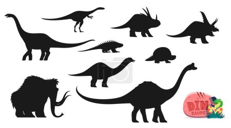 Téléchargez les illustrations : Dessin animé dinosaures dino silhouettes de caractère. Elaphrosaurus, Styracosaurus et Chasmosaurus, Euhelopus, Shansisuchus, Glyptodon et Amargasaurus, Mammouth et Pelorosaurus silhouettes animales - en licence libre de droit