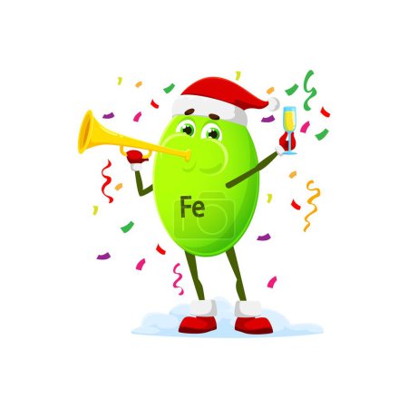 Illustration for Cartoon mineral Iron or Fe pill character with Christmas trumpet, vector winter holiday personage. Funny mineral Iron or micronutrient in Santa hat and champagne glass cheers for Christmas party - Royalty Free Image