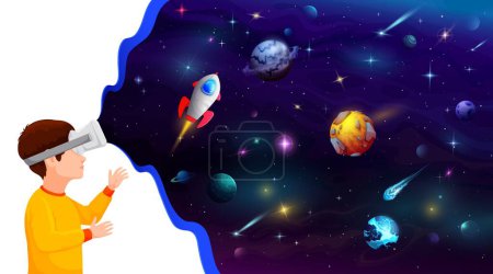 Illustration for Boy kid in VR helmet dreaming about galaxy and space flight to planets, cartoon vector. Child boy in virtual reality glasses look in space sky with rocket spaceship on cosmic planets and galaxy stars - Royalty Free Image