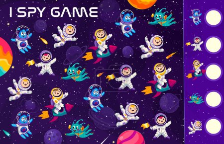 Illustration for I spy game, cartoon spaceman and astronaut characters in outer space, vector quiz worksheet for kids. Quiz puzzle to find and match same cartoon space alien martian and spaceman on rocket spaceship - Royalty Free Image