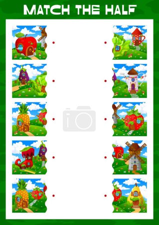 Illustration for Match half of cartoon fairytale houses, kids game worksheet, vector puzzle quiz. Find and match suitable half picture of fairy house dwelling in apple, boot and windmill or teapot in fairytale village - Royalty Free Image
