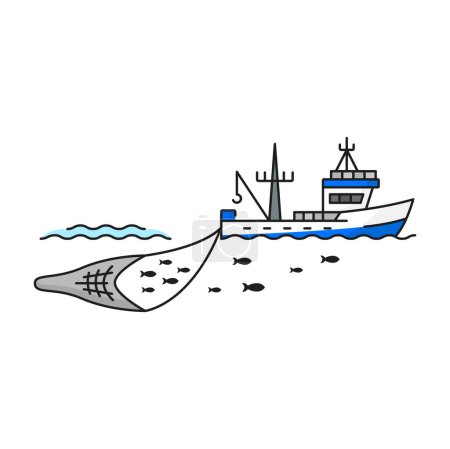 Téléchargez les illustrations : Industrie de la pêche bateau capture ligne de poisson icône. Production de fruits de mer ou technologie aquacole icône vectorielle ligne mince. Matériel de pêche hauturière, chalutier attrapant le haut-fond de poisson dans le pictogramme de contour du filet - en licence libre de droit