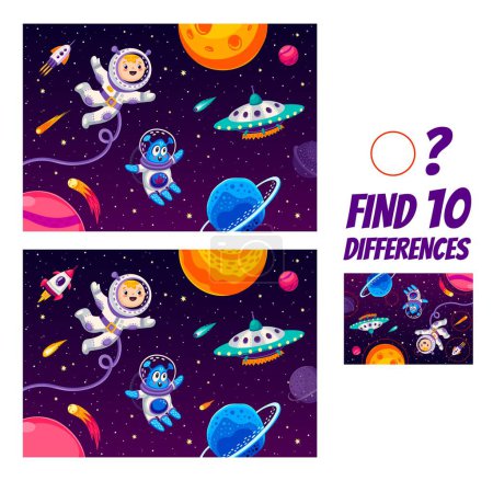 Illustration for Find ten differences on space landscape. Astronaut and alien in outer space kids game vector worksheet. Matching puzzle quiz of cartoon space planets, rocket spaceship, UFO, spacemen and stars - Royalty Free Image