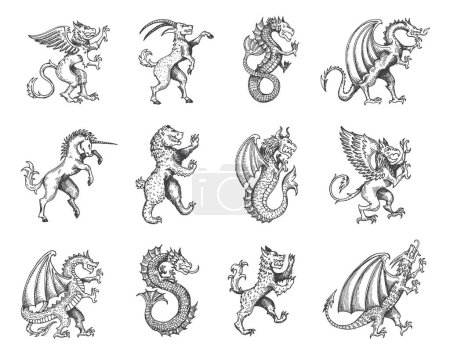 Ilustración de Animales y monstruos heráldicos medievales, heráldica vintage o criaturas vectoriales de bocetos de tatuaje. Fantásticos animales míticos íconos heráldicos de grifo águila, unicornio y dragón, león rampante, oso y cabra - Imagen libre de derechos