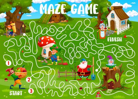 Illustration for Kids labyrinth maze in cartoon gnomes fairytale village. Labyrinth quiz, find way vector worksheet kids maze or riddle with fairy gnome or dwarf cute personages and forest fantasy houses dwellings - Royalty Free Image
